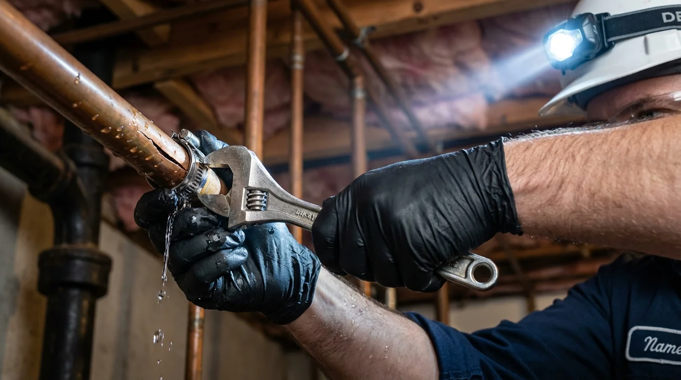 Emergency pipe clamp repair being performed by a Johns Plumbing LLC plumber in Leola