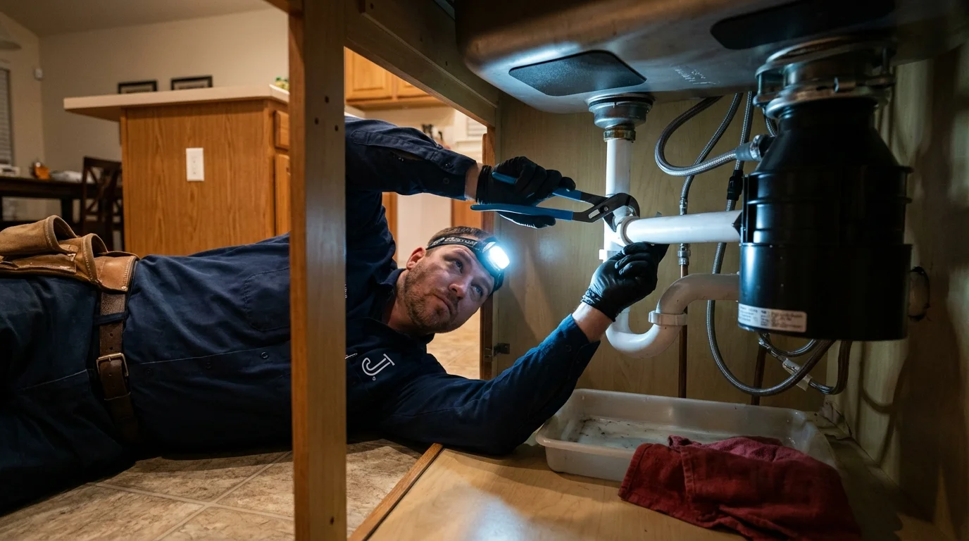 P-trap and supply line connections under a kitchen sink showing a common leak point in Leola, PA